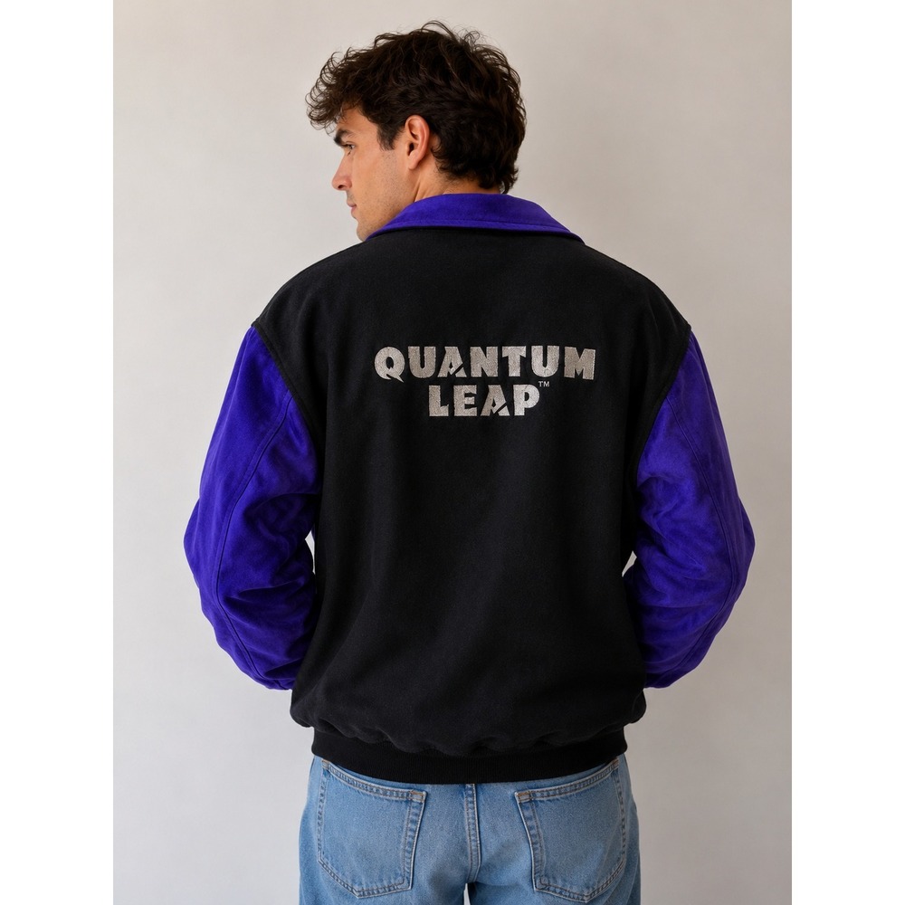 Vintage 1992 Quantum Leap Suede Bomber Jacket Official Licensed TV XL Black